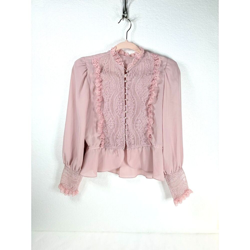 Vintage Prairie Puff Sleeve Blouse Womens Small 70s Rose Pink Victorian Lace